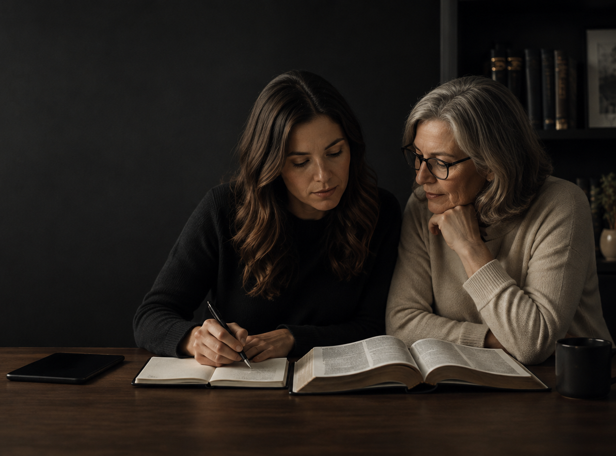 Two women studying together over an open Bible.